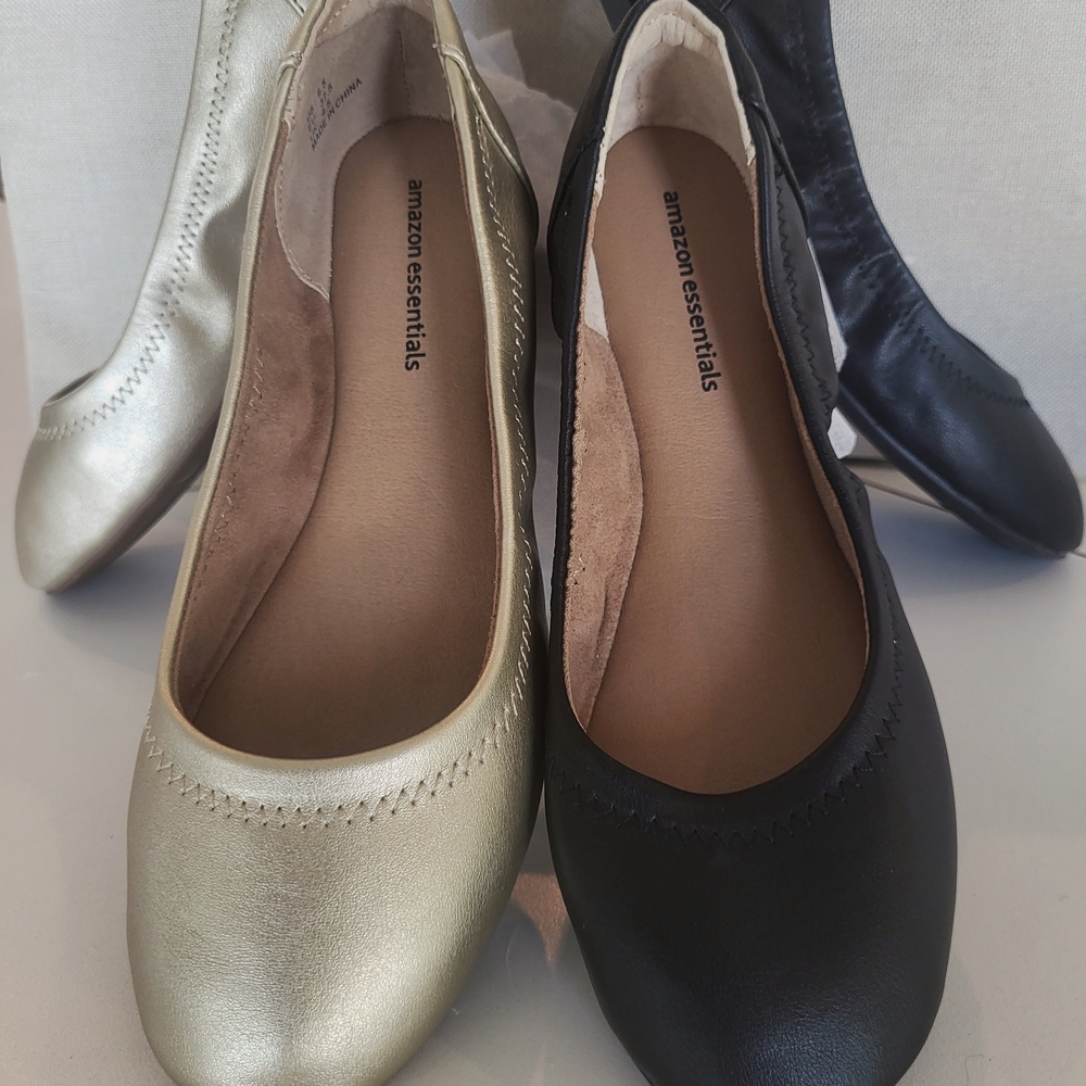 NWT Amazon Essentials Ballet Flats - Set of 2 Black & Gold Size 6.5 (fits 5.5)